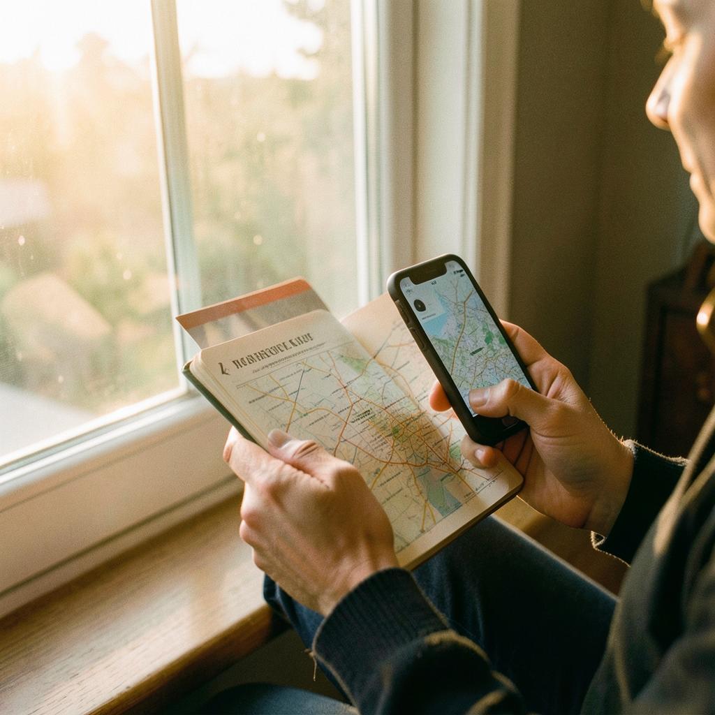 Hands holding a notebook and phone while planning a trip by a sunlit window